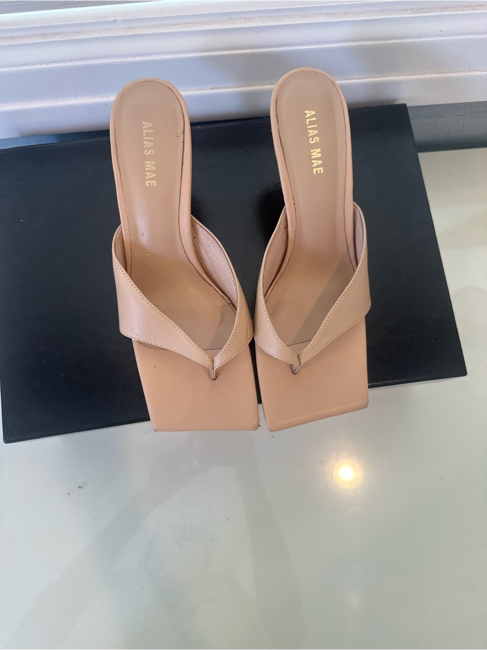 Alias Mae Beige Square-Toe Thong Mules kitten heel 2”